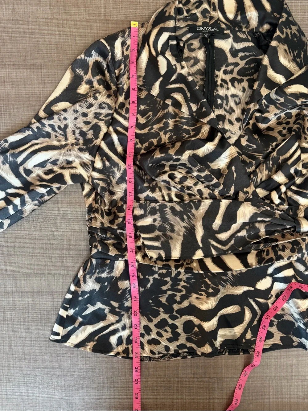 Onyx Animal Print Wrap Blouse - Black & Tan